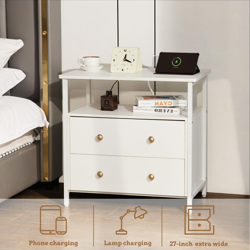 27 Inch Wide Nightstand With Charging Station Bedside Table With Open Shelf 2 Drawers Small Wood Dresser End Side Table For Bedroom White